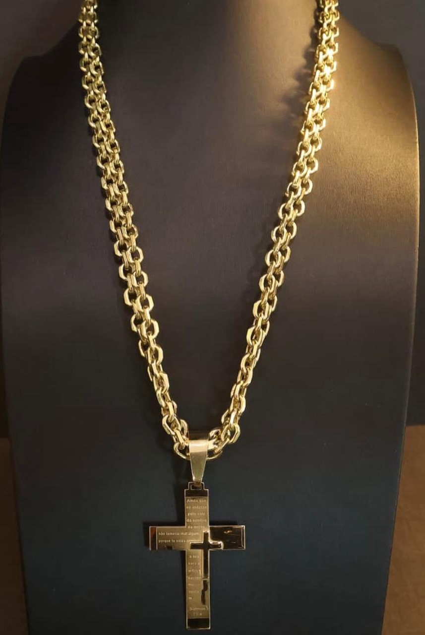 Corrente Cartier Elo Duplo 12mm + Pingente Cruz Moeda Antiga Ouro 24k 70cm