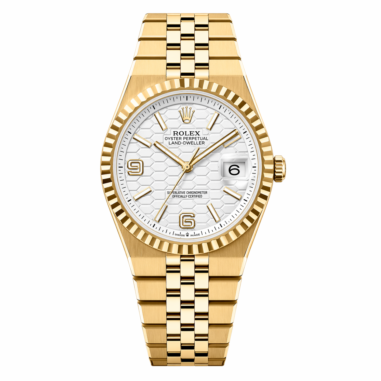 Rolex Land-Dweller – Branco Favo / Ouro (Case Back)