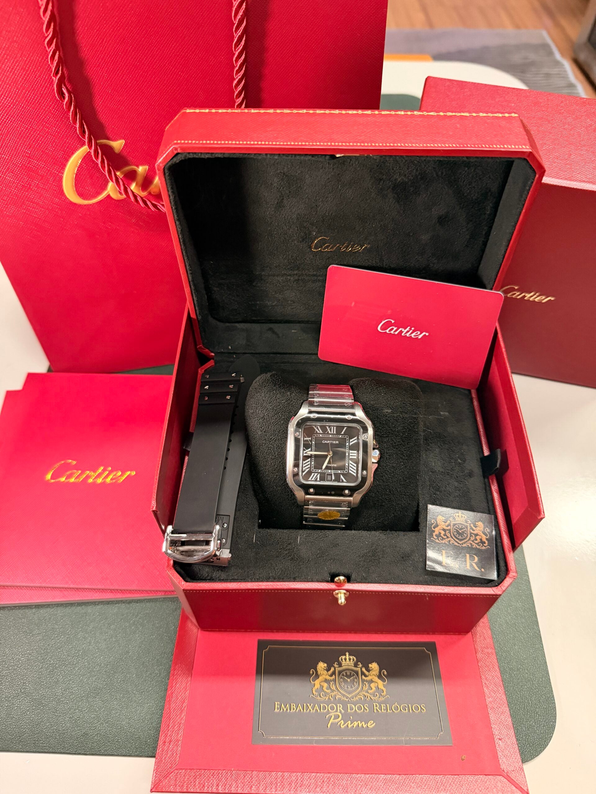 Cartier Santos Prata/Preto – Grande