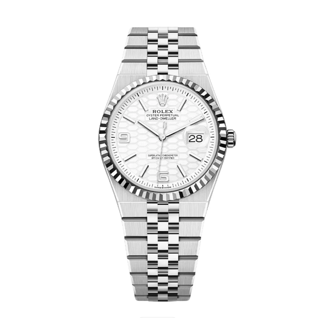 Rolex Land-Dweller – Branco Favo / Prata (Case Back)